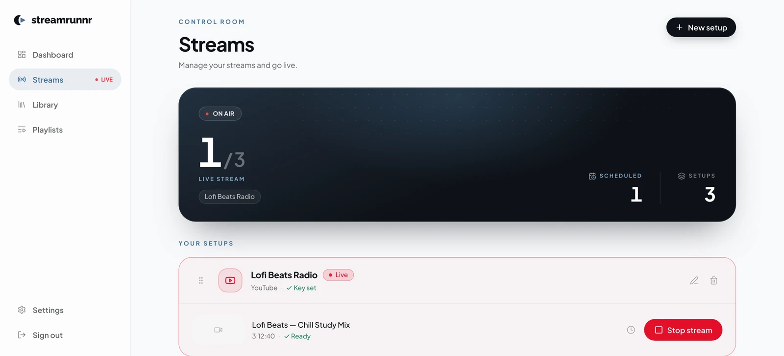The streamrunnr Streams control room — one stream live on YouTube.